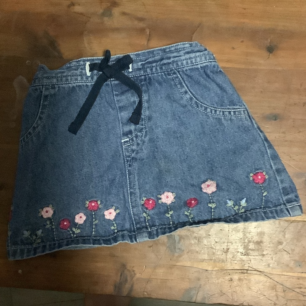 Koala Kids Blue Denim Skirt with Pink Floral Embroidery
